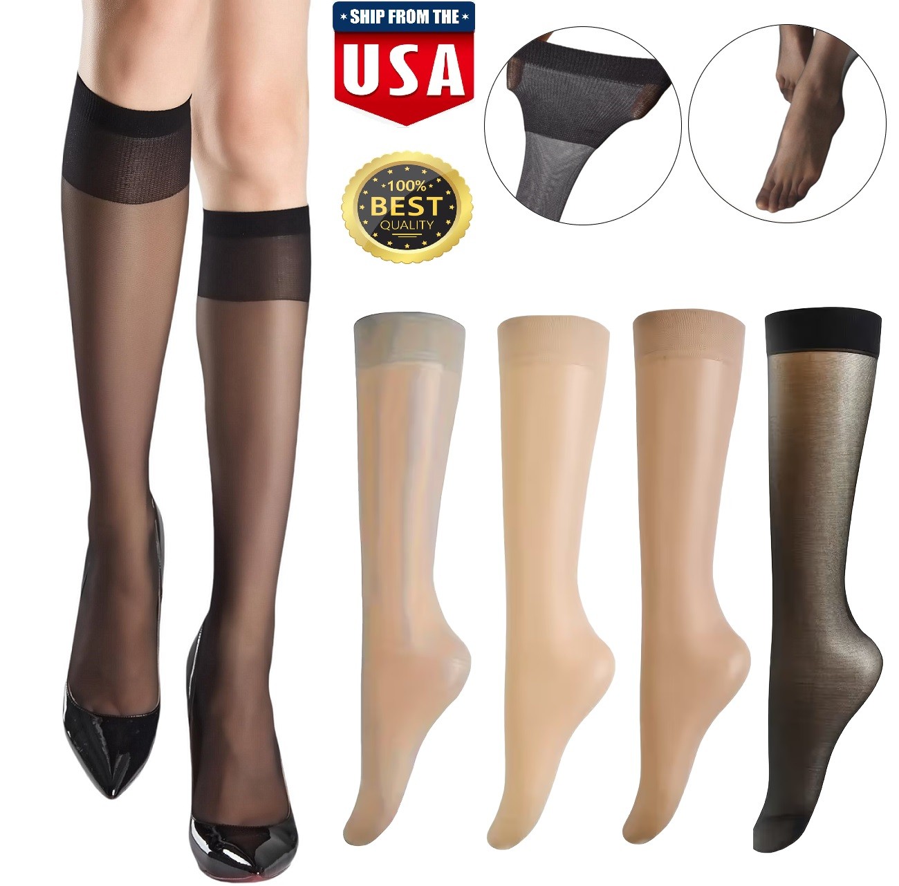 4× Sheer Knee High Socks 20D Premium Silky Soft Nylon Stockings Control Top USA