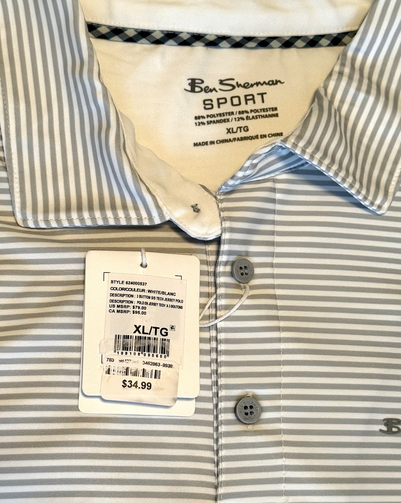 NWT-Ben Sherman Sport GolfShirt Men XL Stripe White/Blanc ShortSleeve Stretch-HH