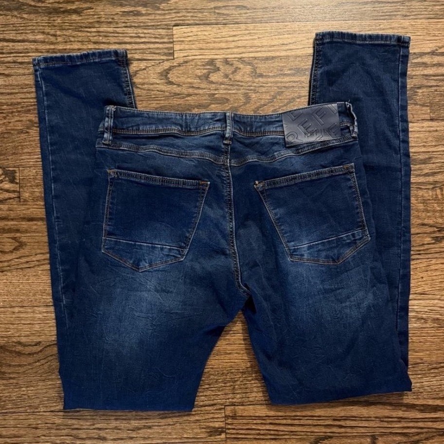 Refill Men’s Slim Fit Skinny Dark Wash Blue Denim Jeans 5-Pocket Logo
