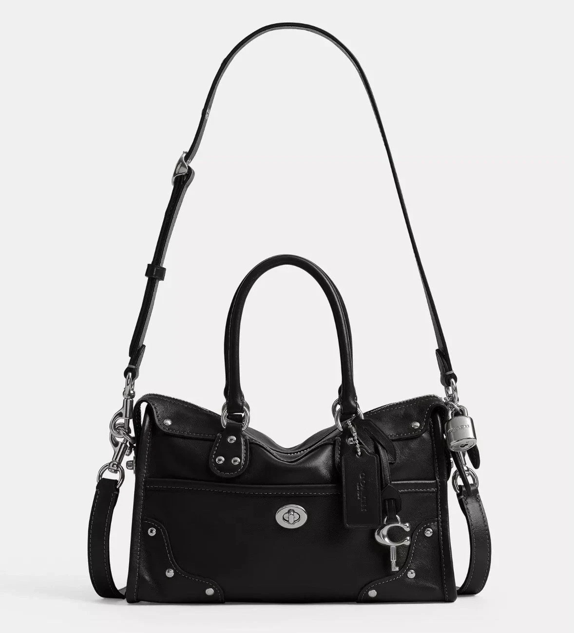 Coach Rhyder Satchel 24 CFN69 LHBLK Black Glazed Leather 3‑Way Handbag Crossbody