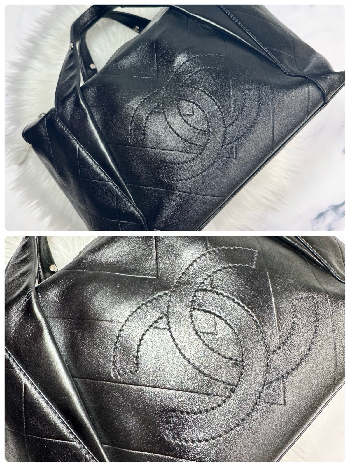 CHANEL CC Logo Quilted Leather Boston Bag Black Vintage Top Handle handbag