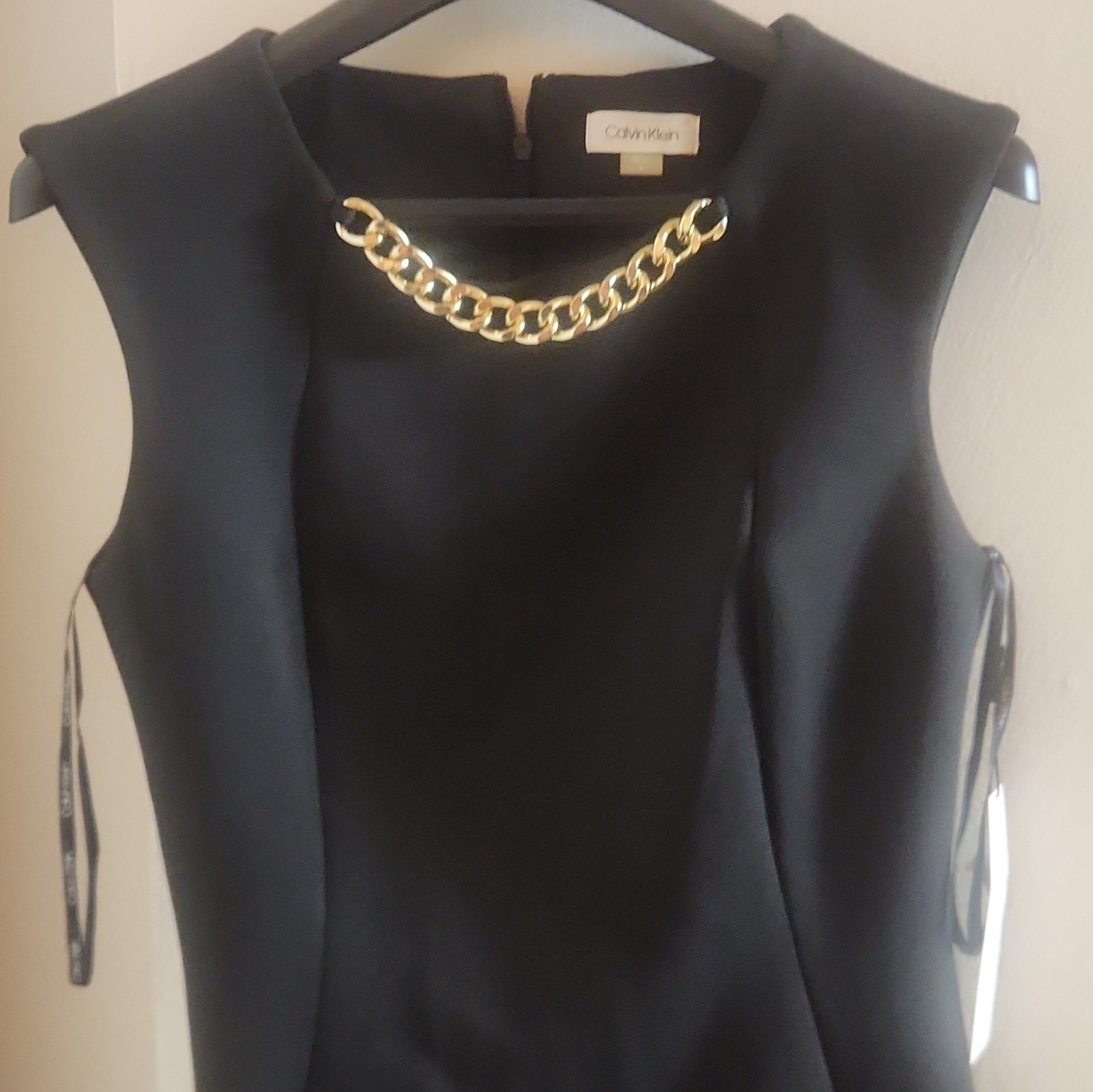 Calvin Klein Black Sheath Sleeveless Scoop Neck Chain Knee Dress Size 8