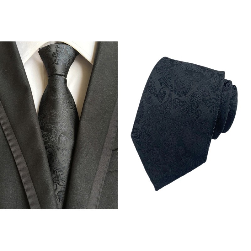 Men’s Classic Black Necktie Jacquard Woven Paisley Floral Wedding Party Wide Tie