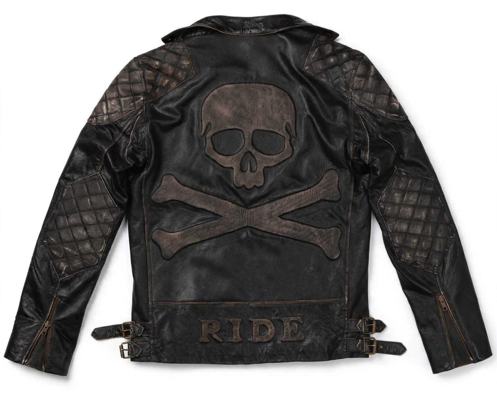 Mens Skull & Bones Ride Handmade Motorcycle Distressed Cowhide Leather Jacket