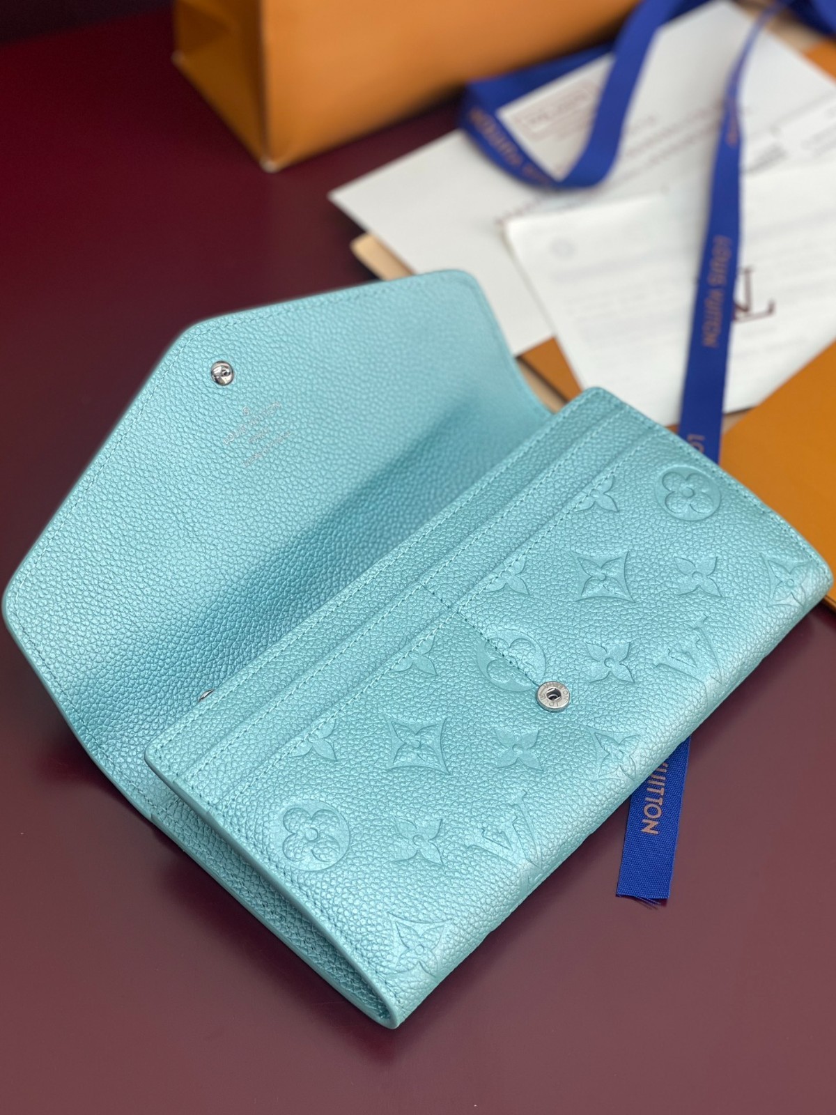 Luis Style Light Blue Monogram Envelope Long Wallet Crystal Flower New