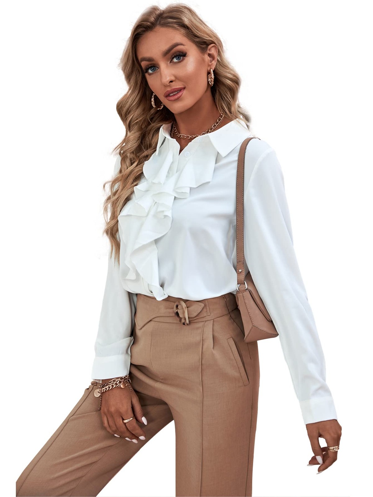 LYANER Women’s Ruffle Front Blouse Collar Neck Button Down Long Sleeve Ruffle…