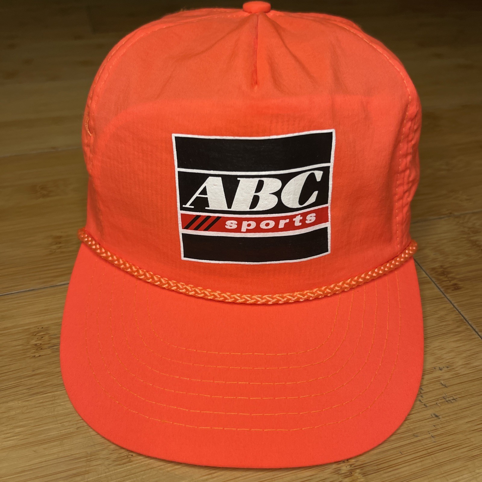Rare Vintage ABC Sports Nylon Neon Orange 80s TV Zipper Back Trucker Hat Cap