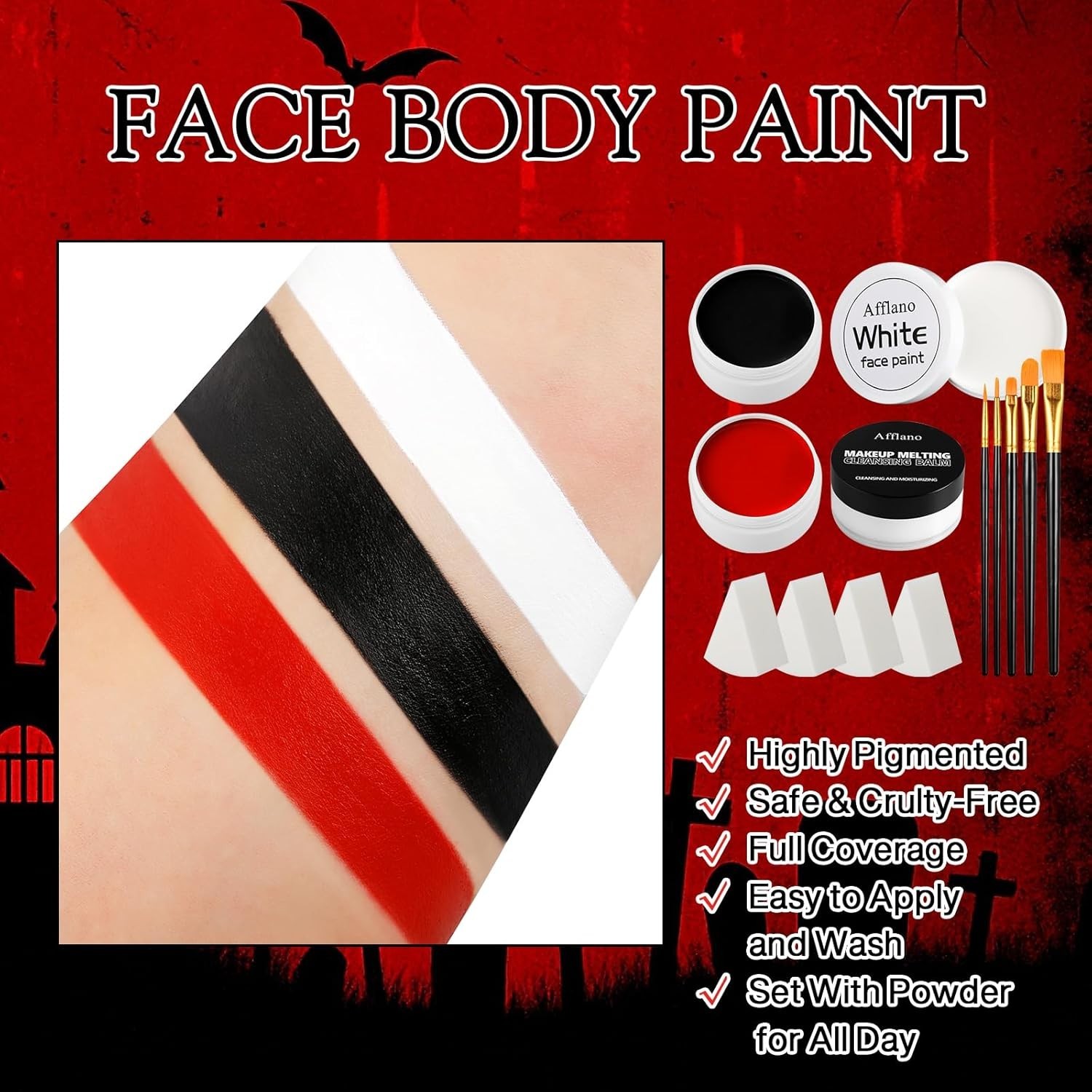 Black White Red Face Paint Kit – Large 50g Oil-Based Grease Makeup Set with Re