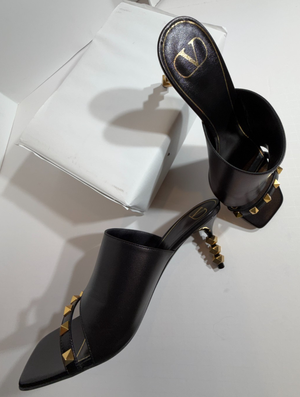 New Valentino Black Slide Sandals with Rockstud Accents 3 Inch Heels Size 38