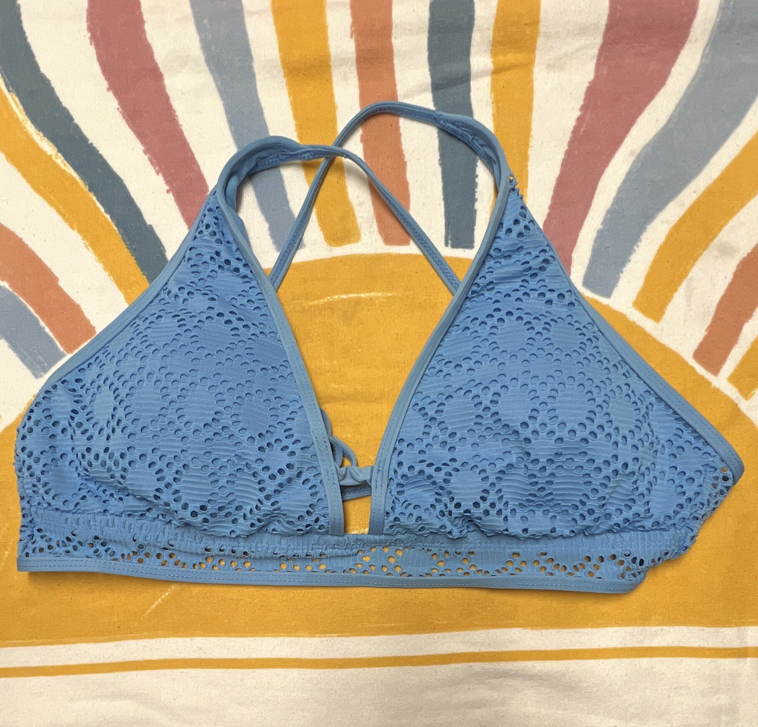 Rebecca Virtue Women’s Blue Solid CrochetHalterBikiniTopLined Size L B Cup 224.5