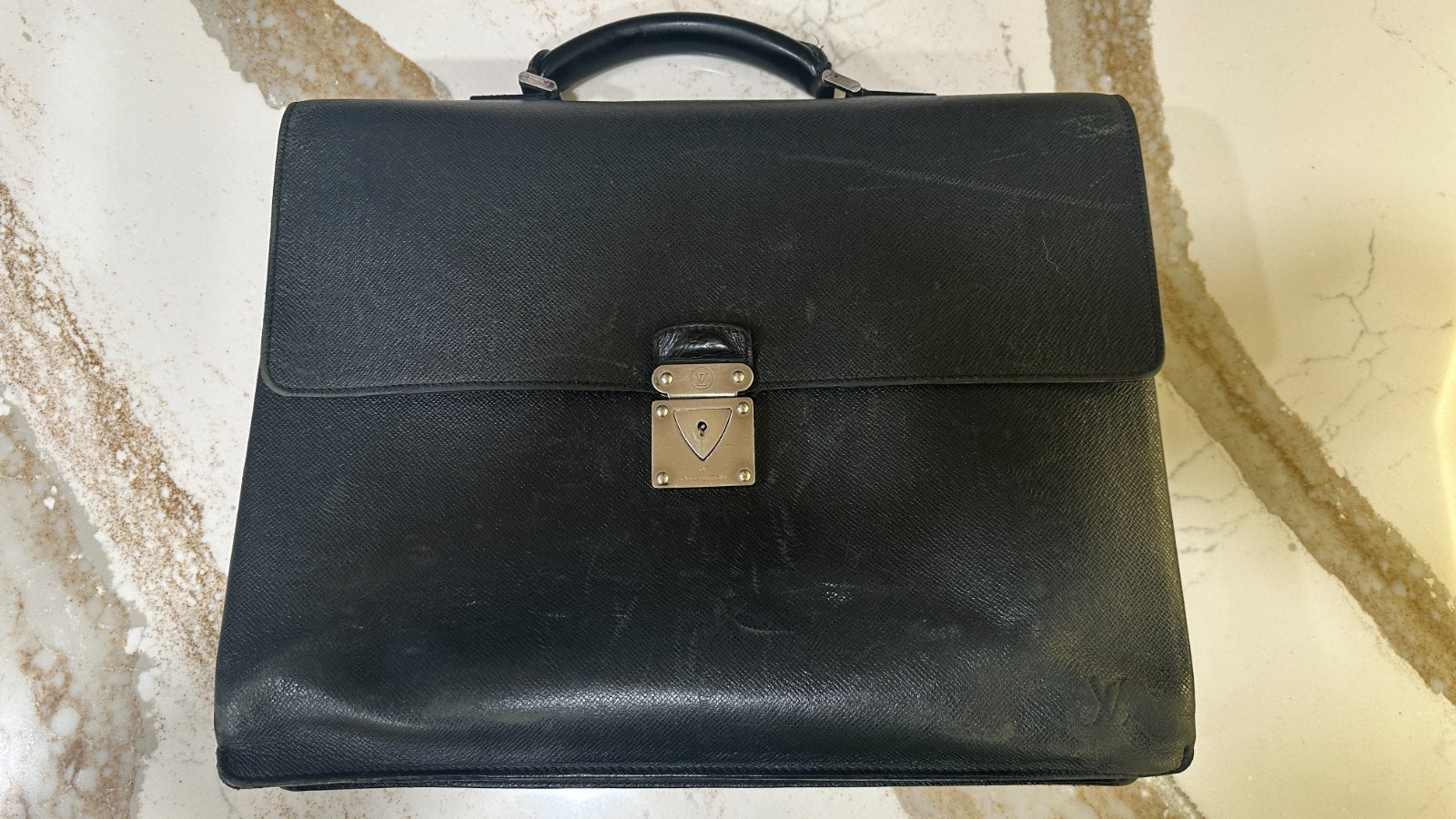 Vintage Louis Vuitton Black Briefcase Push Lock Taiga Leather