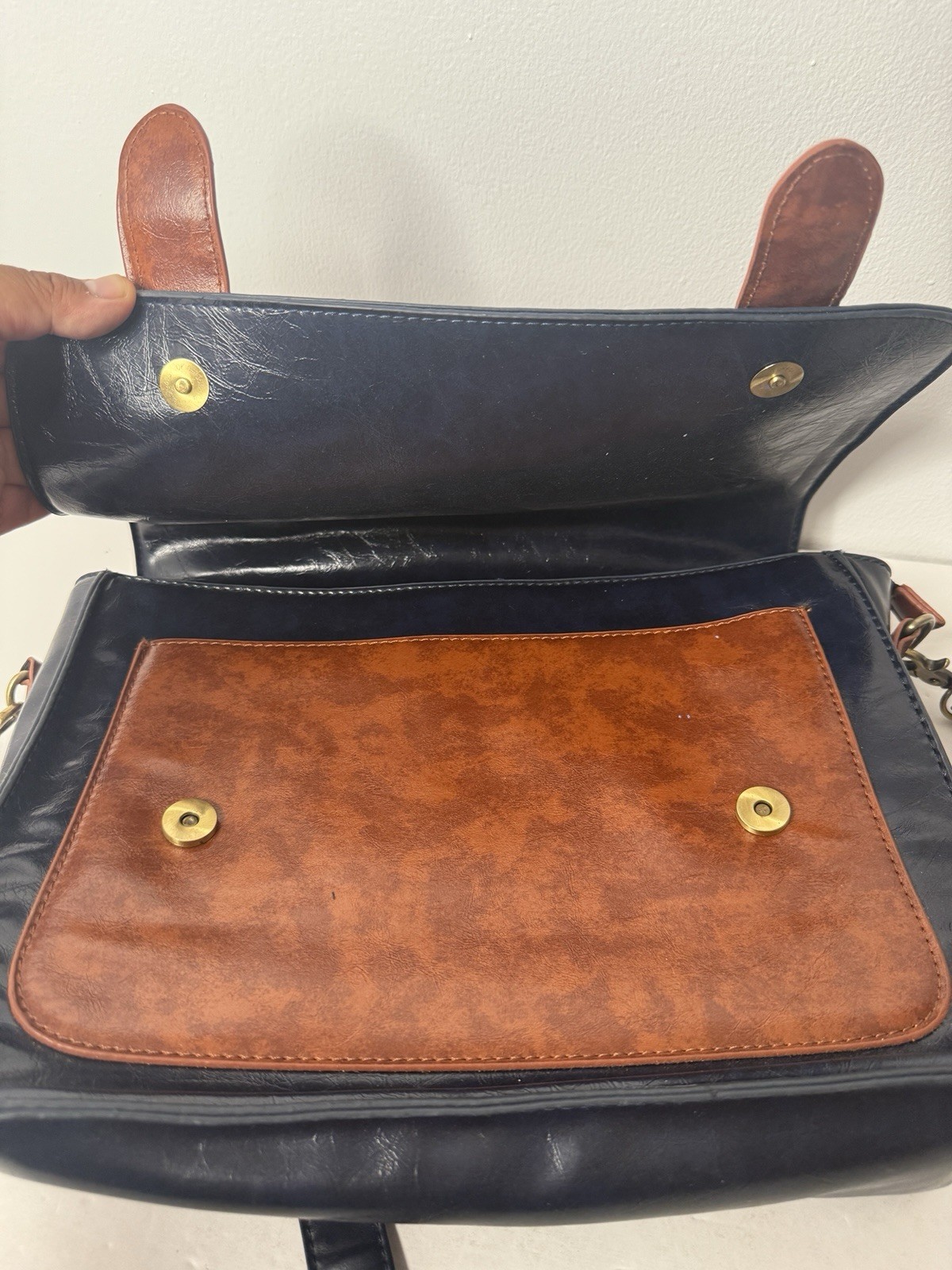 Ecosusi Faux Leather 2 Tone Dark Navy Blue Brown Messenger Bag with Bow & Handle