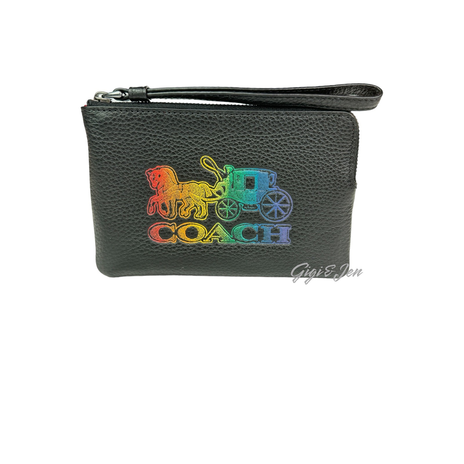 Coach Corner Zip Horse & Carriage Wristlet Black Multi New