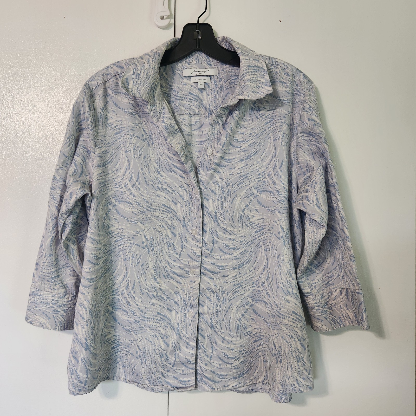 Foxcroft Womens Abstract Button Up Shirt Size 14 Petite Long Sleeve Wrinkle Free