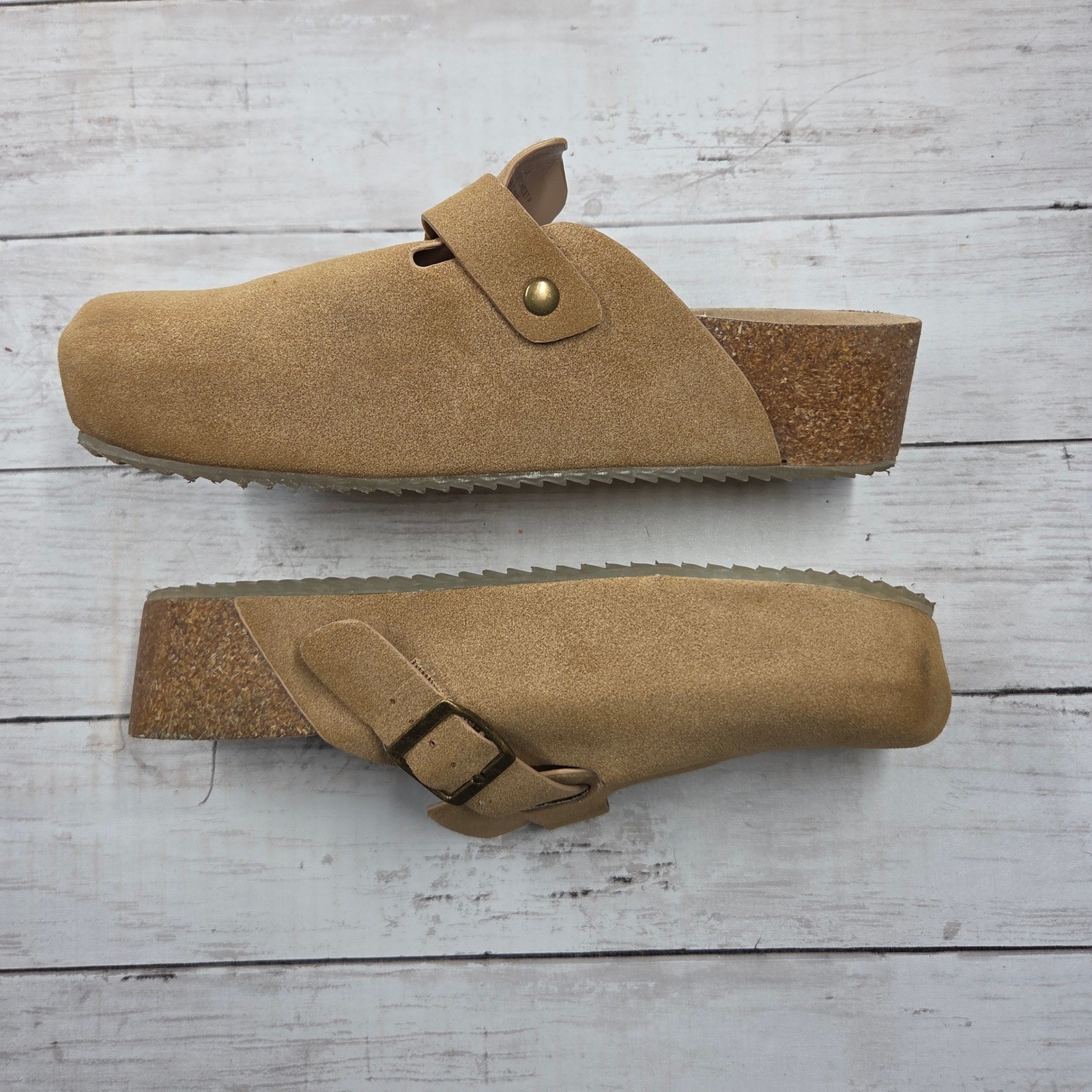 MIA Qwest Platform Clog Mule Womens 7.5M Tan Faux Suede Cork Wedge Buckle Strap