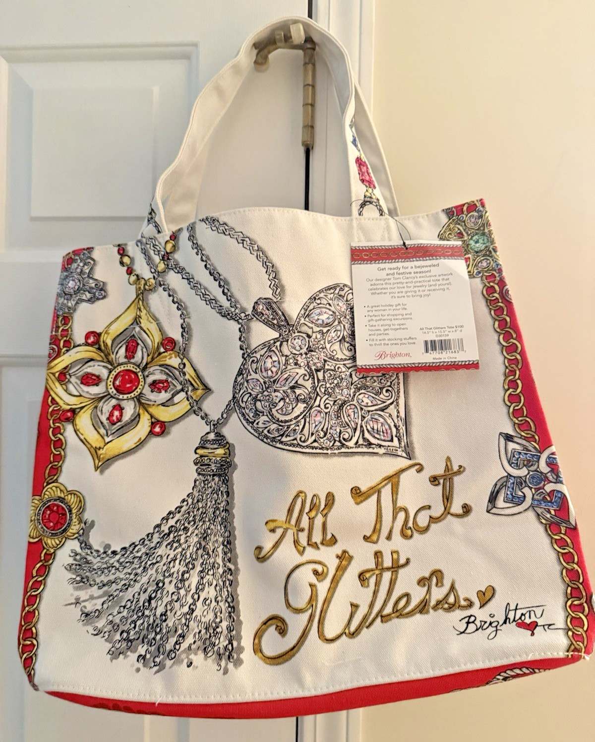 Brighton All That Glitters Canvas Tote Bag Tom Clancy Red Love Heart Jewels NWT
