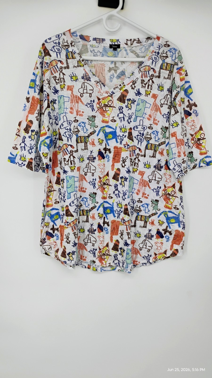 NEW Shana Cats Print Colorful Art Tunic Top V-Neck 3/4 Sleeve Size XL