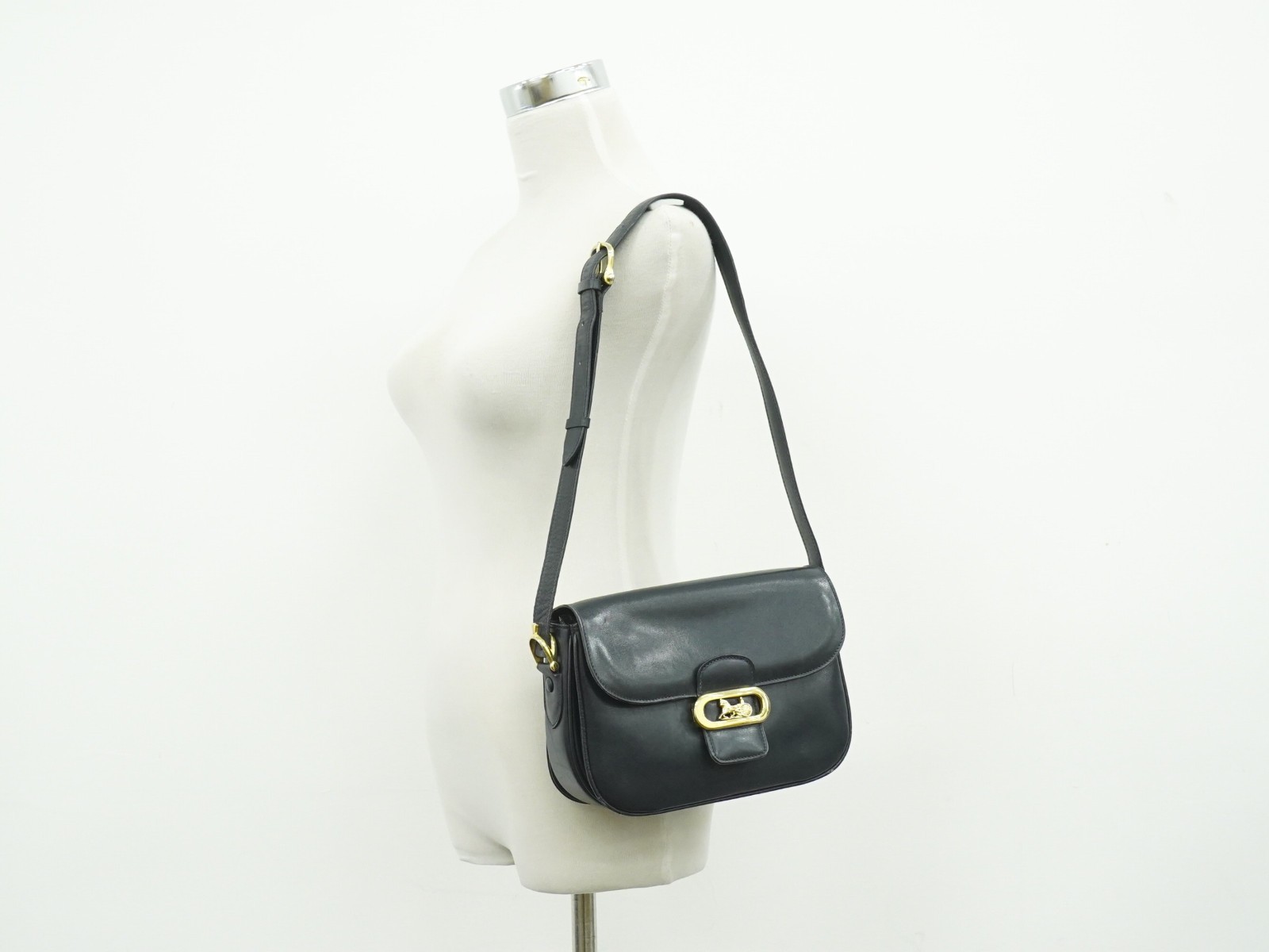 CELINE Horse Carriage Hardware Leather Shoulder Bag Navy Gold