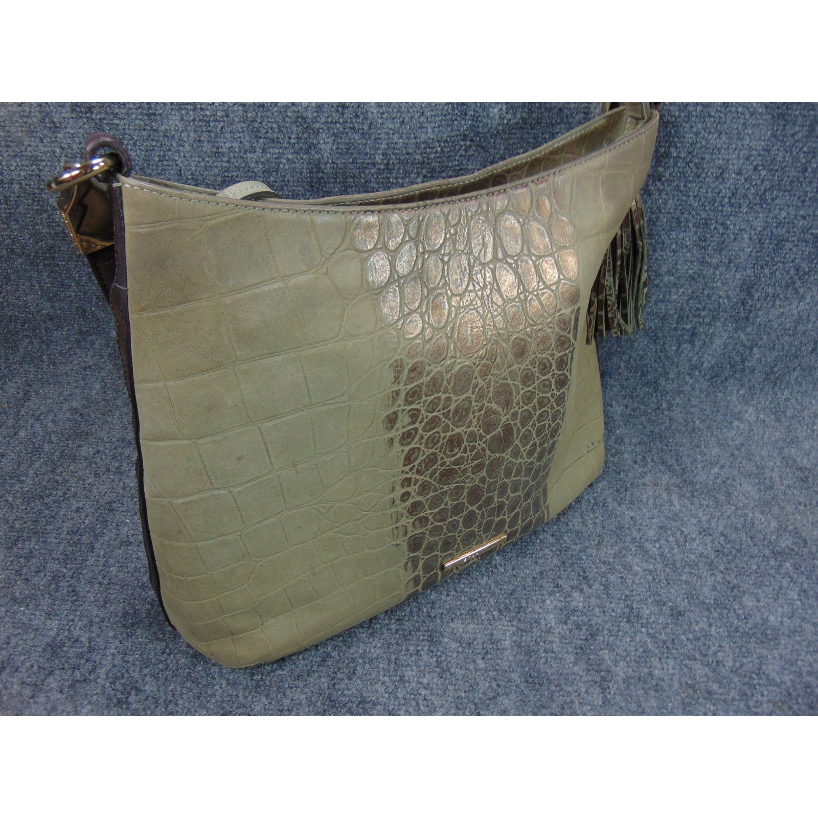 Brahmin Crocodile Embossed Leather Shoulder Bag Tan Tassel Fringe Hobo