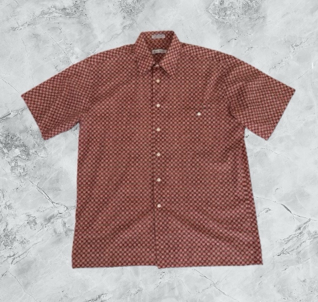 Vintage Burma Bibas Mens Sz M Maroon Geometric Print Button Up Shirt 100% Cotton
