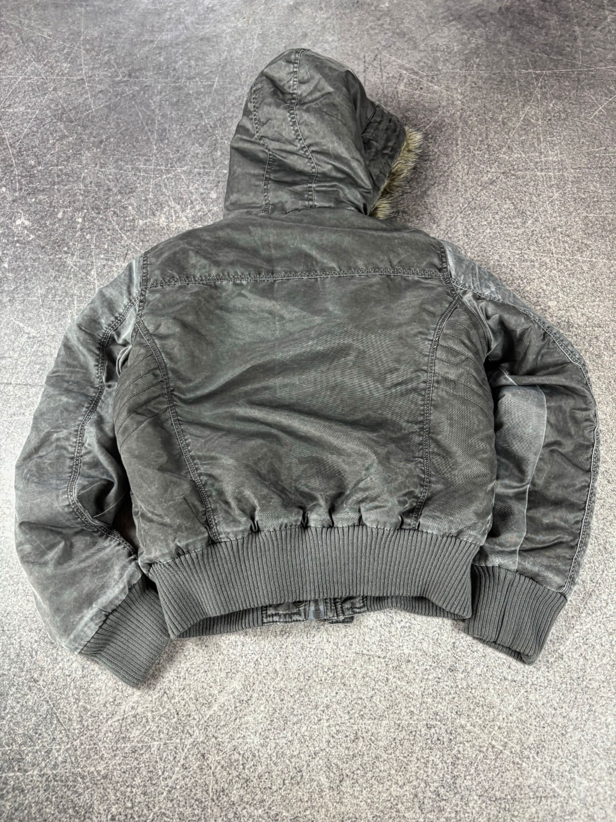 2000s Cropped Archive Washed Fur Hood Zip Bomber Jacket Y2K Streetwear CRAZY!