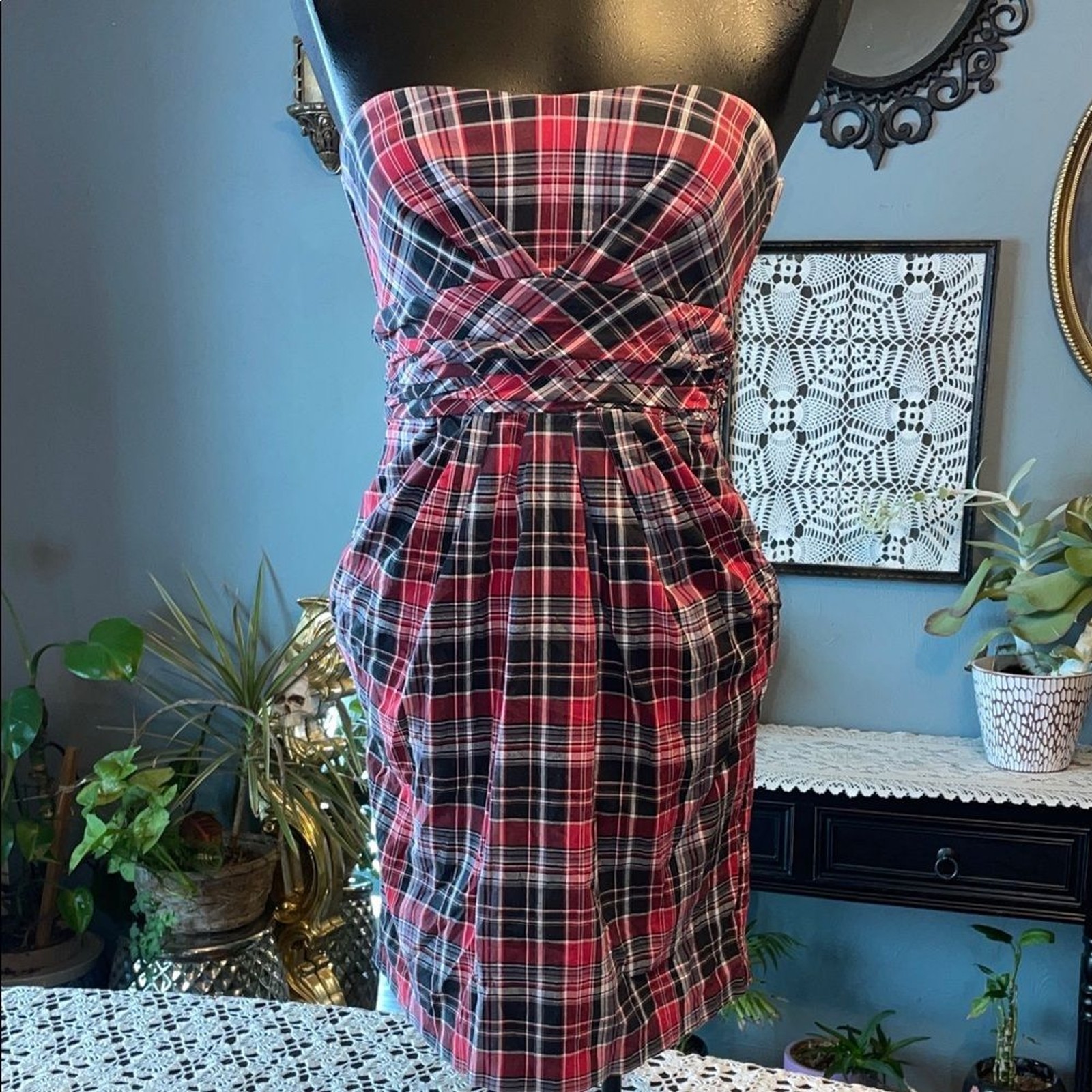Teeze Me Red and Black Plaid Strapless Dress