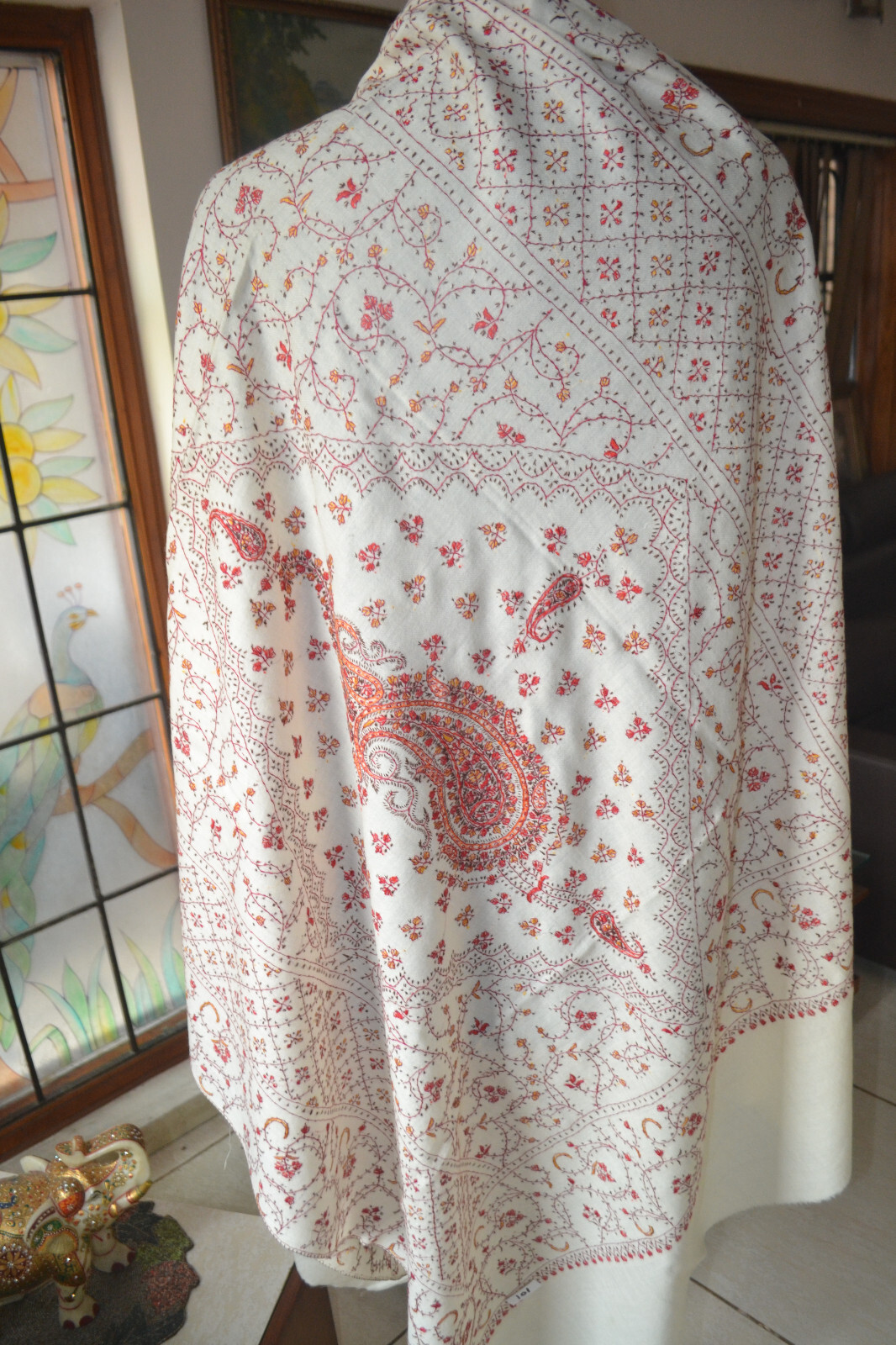 OFF-WHITE JAAL KASHMIRI EMBROIDERED SHAWL PAISLEY 100% CASHMERE PASHMINA WRAP