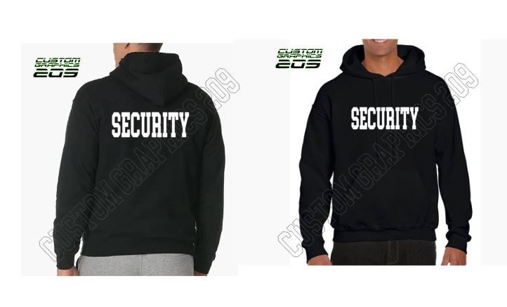 SECURITY Black Hoodie Front & Back Print Bold Text Unisex Cotton Blend Sweatshir