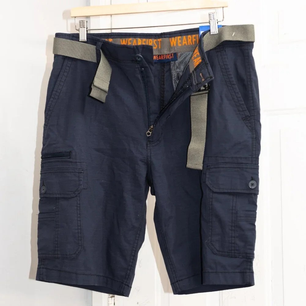 Wearfirst Men’s Cargo Shorts, Belted, Comfort waist, Navy Blue size 40 NWT