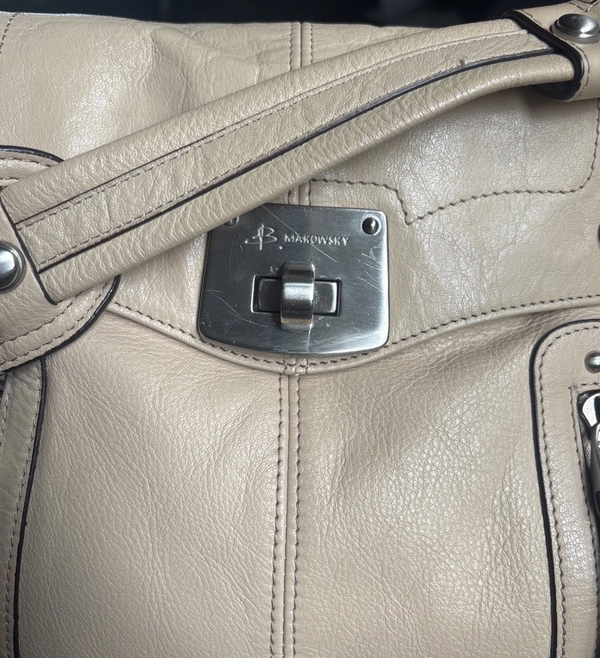 B. Makowsky Small Tan Leather Shoulder Bag Purse with Padded Single Strap