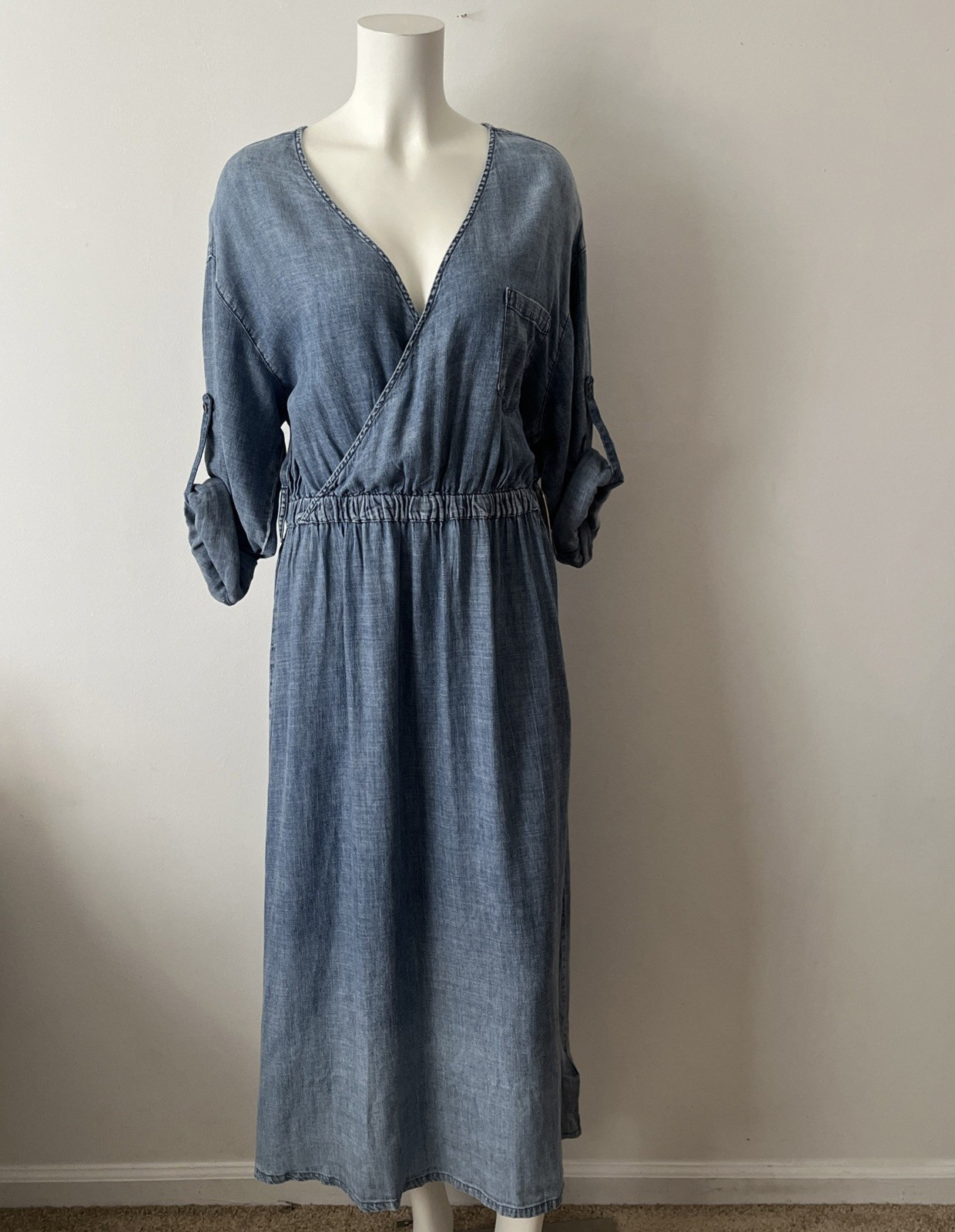 Wash Lab Denim Linen Blend Crossover Dress Chambray Blue L Coastal Western Chic