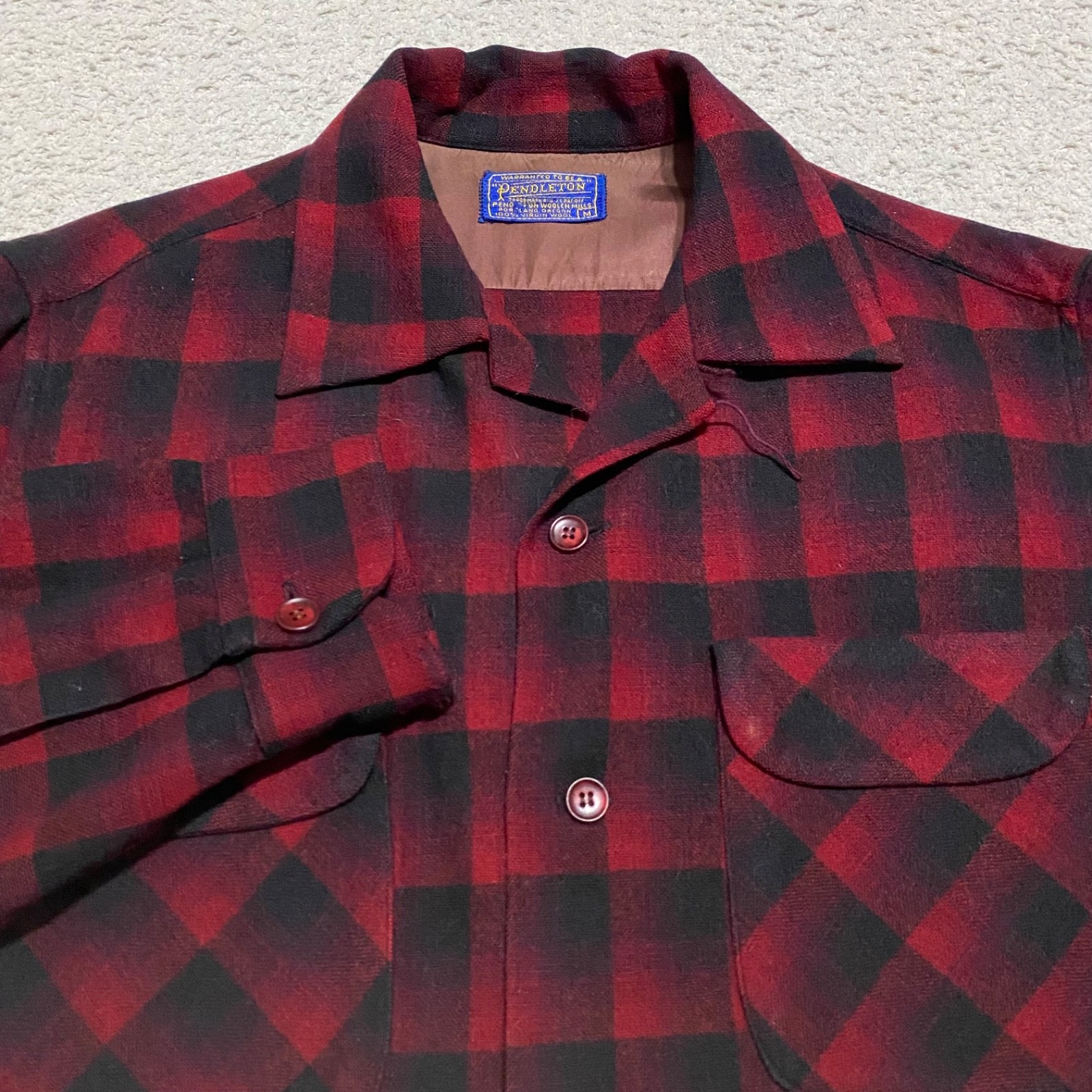 Pendleton Mens Medium Board Shirt Red Plaid Button Front Elbow Patches Wool