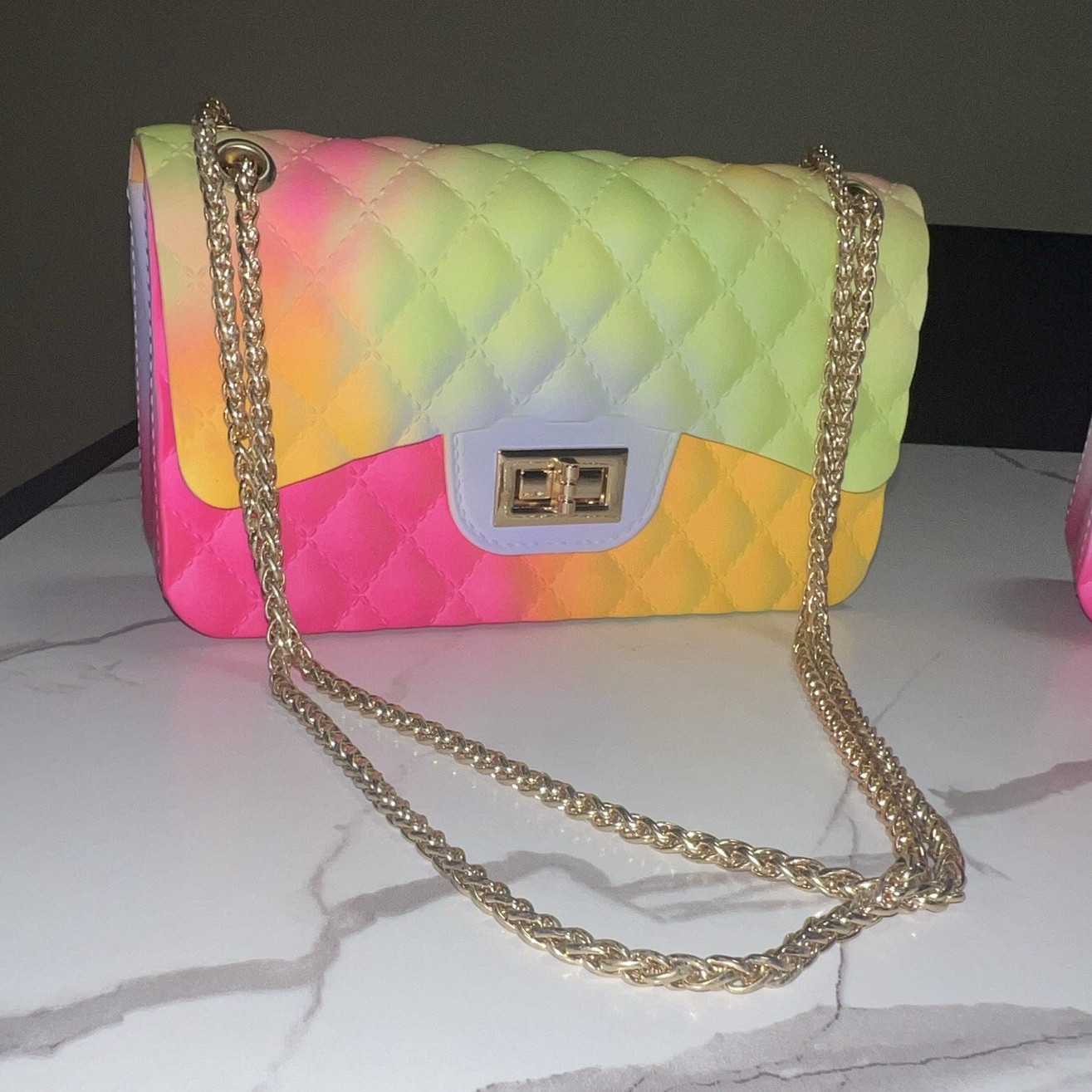 Quilted Multicolor Gradient Shoulder Bag, Gold Chain Strap, Turn Lock, Small