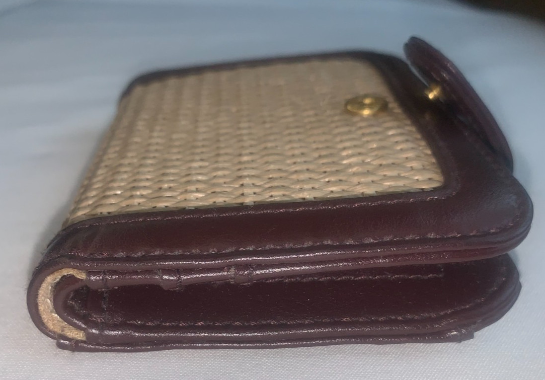 NEW Etienne Aigner Bifold Wallet & Keychain Woven Straw / Rattan Burgundy & Tan