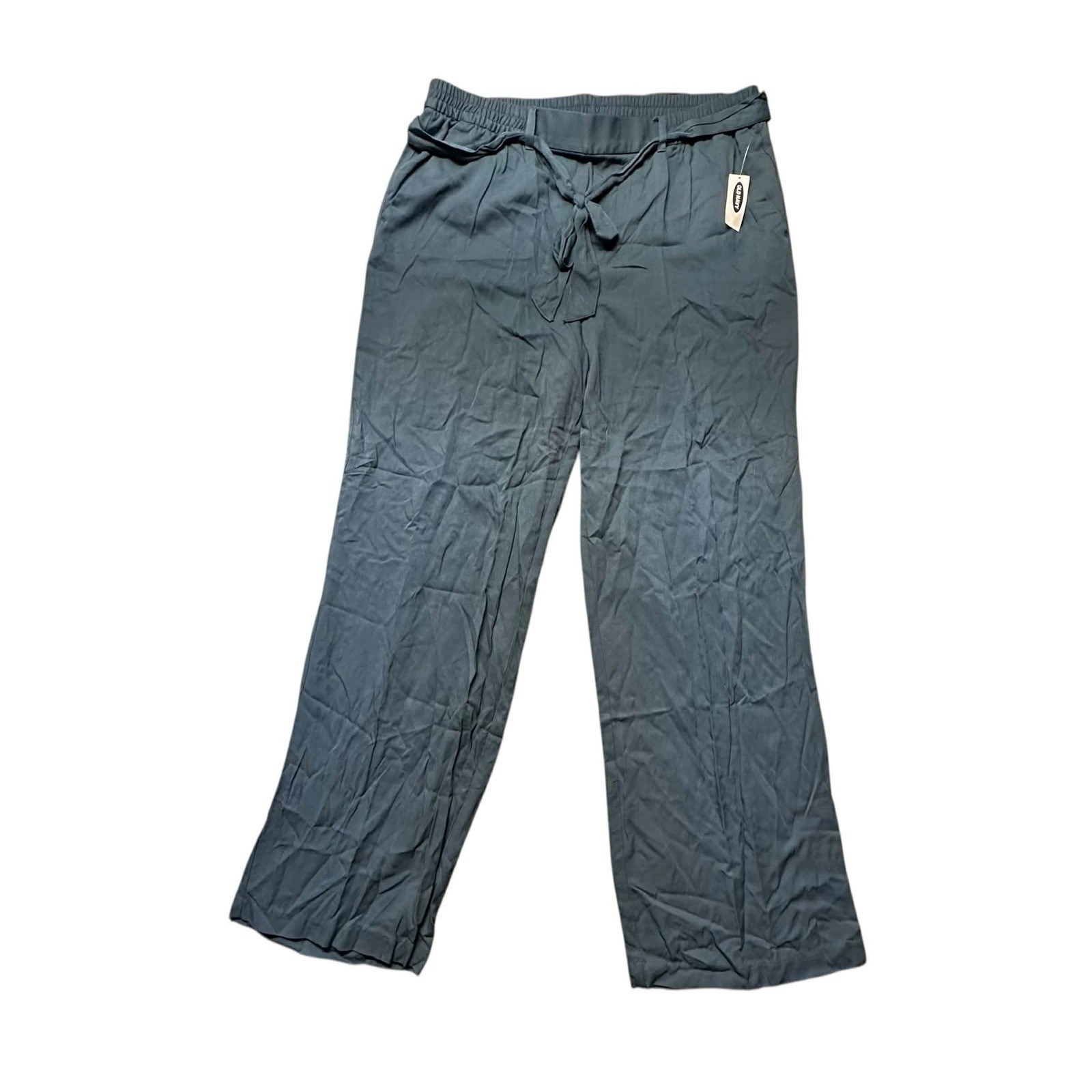 Old Navy Womens L Wide Leg Pants Blue Pull On Tie Waist Relaxed Casual NWT