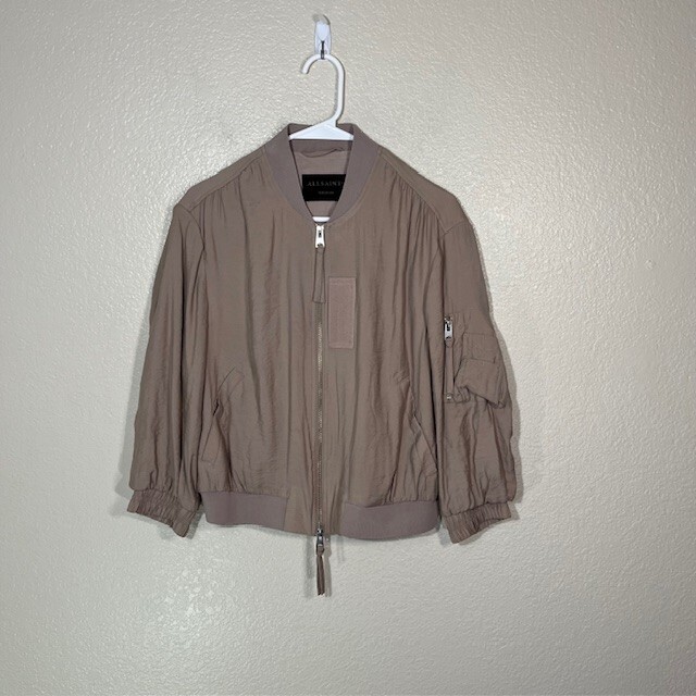 Allsaints Jacket Womens Medium Angie Light Bomber Full Zip Beige Viscose