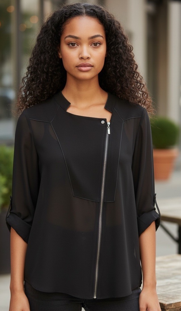 Joseph Ribkoff Asymmetrical Black Sheer Tunic Blouse Size 8 Med Zip Panel Flowy