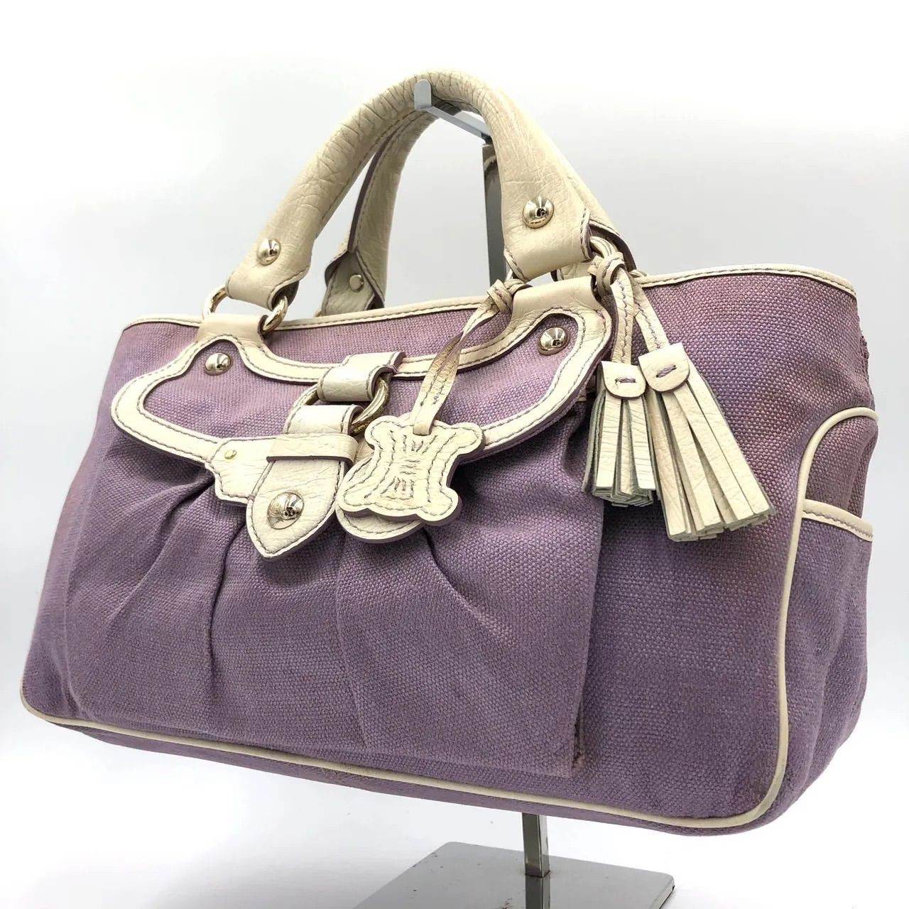 CELINE Boogie Bag Purple Canvas Leather Women’s Handbag Vintage Authentic