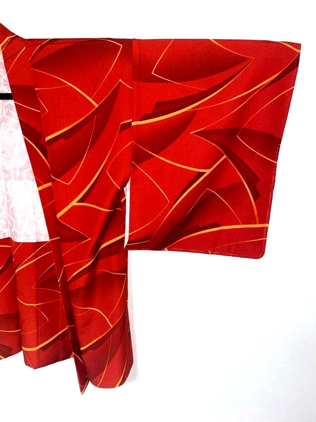 VINTAGE Unused Haori Kimono Jacket Geometric Scarlet M Yuki 26in Unlined Japan