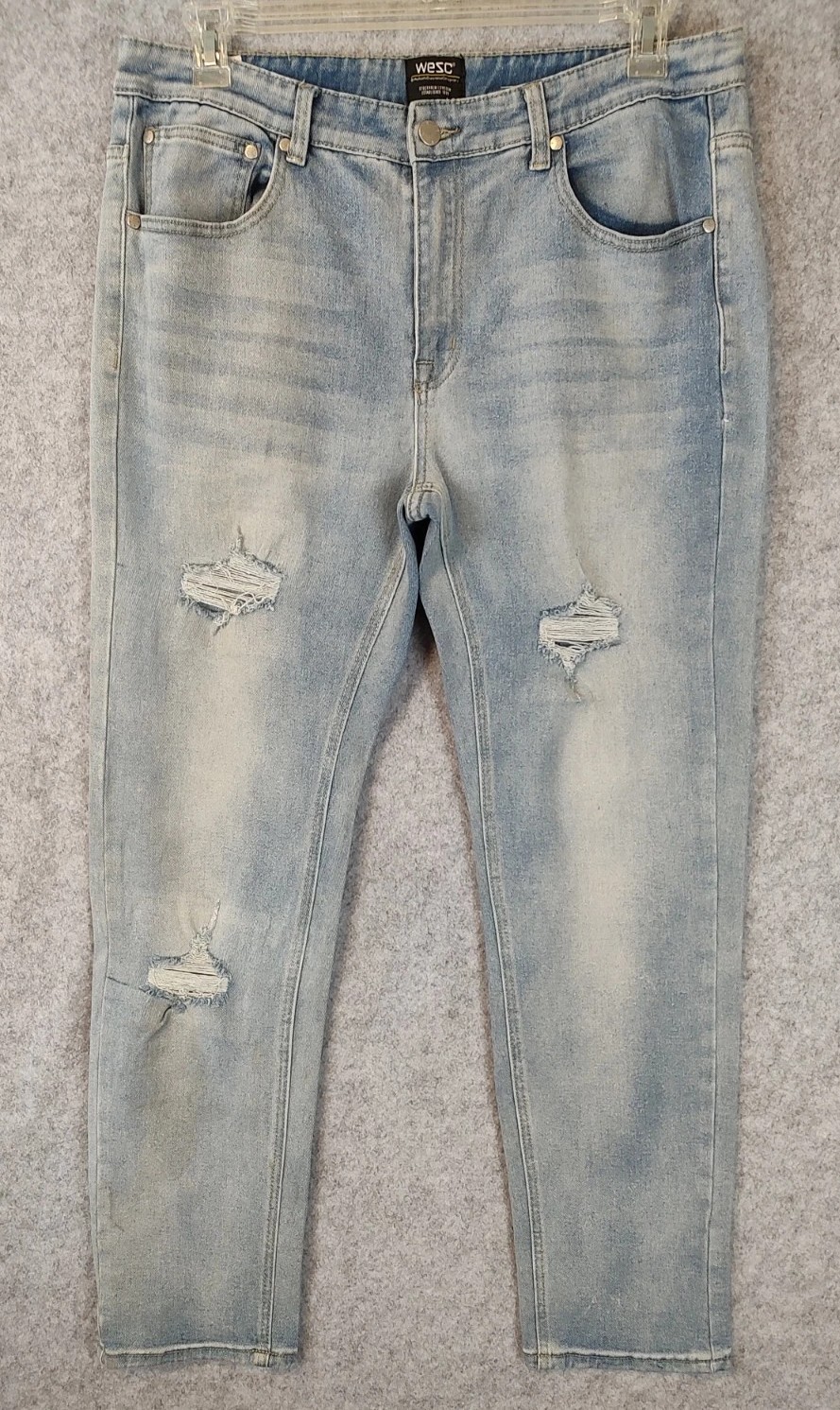 WESC Eddy Slim Fit Jeans Men Size 34×32 5 Pocket Denim Light Blue Distressed