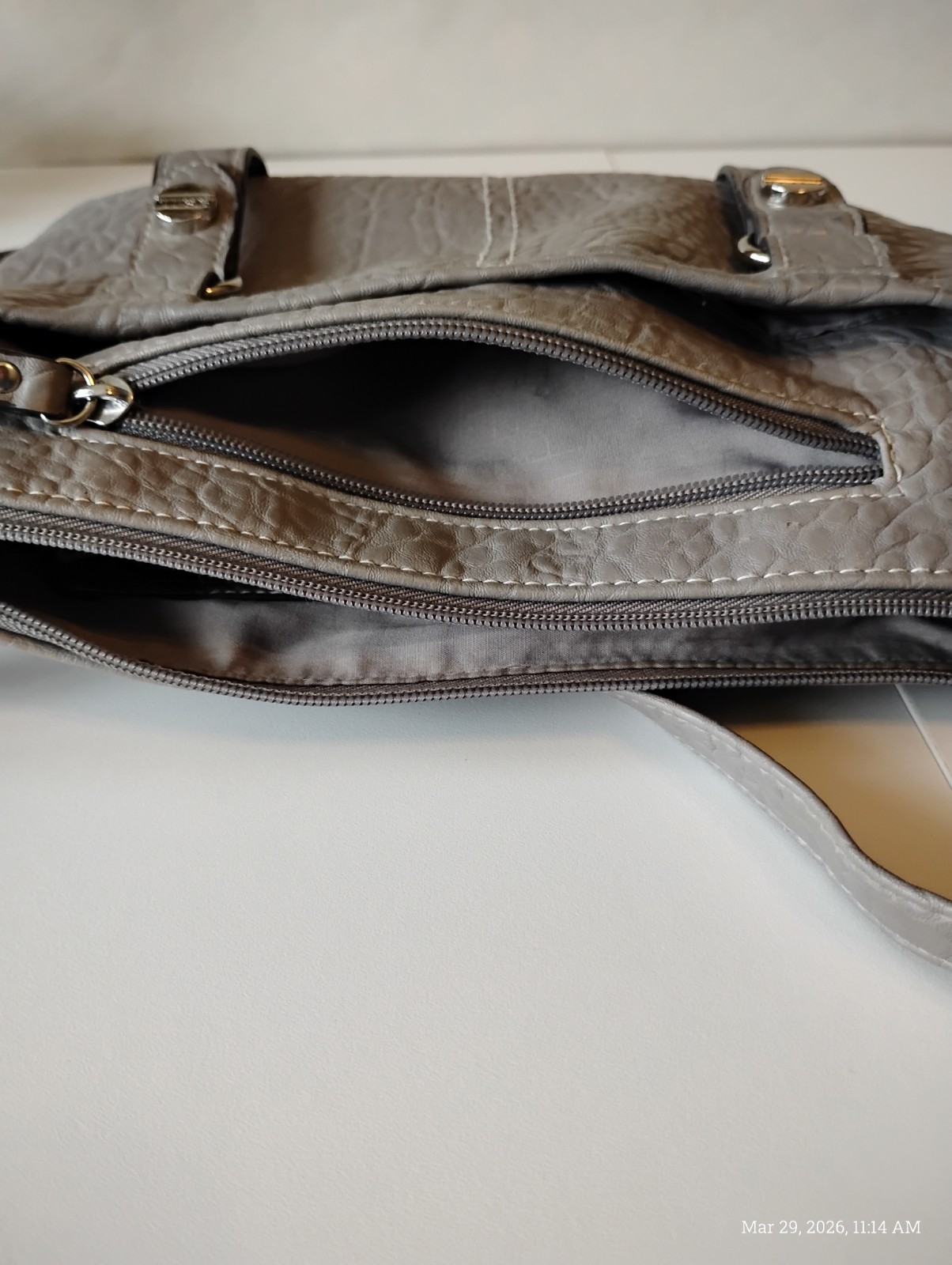 Rosetti Gray Pebbled Shoulder Bag Zipper Buckle Accent Inner Pockets