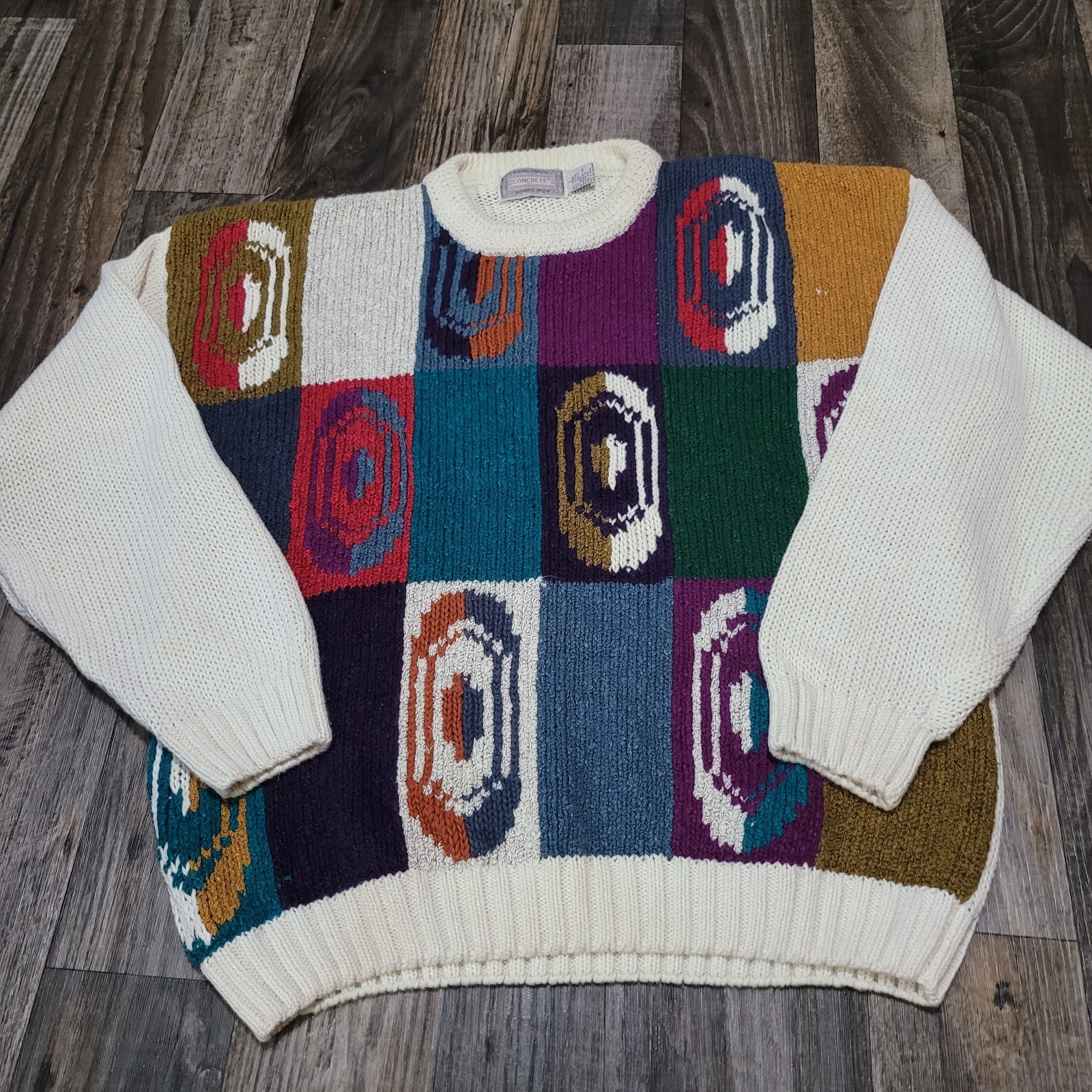 Concrete Mix Men’s Large Crew Neck Knit Pullover Geometric Sweater (Stains)