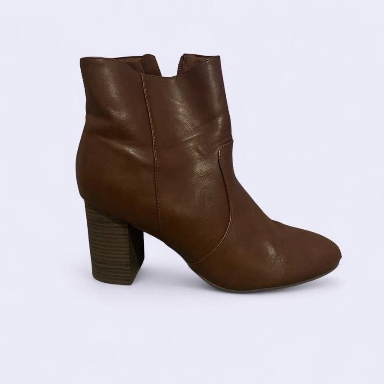 Brown Caramel Booties Block Heel Wood Texture Heel Stylish Ankle Boot Size 9 9.5
