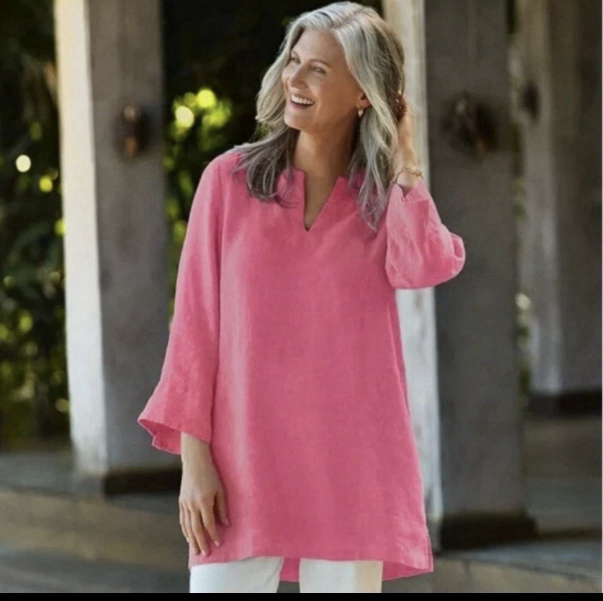 Lands End Women’s Pink Preppy Linen Blend V Neck 3/4 Sleeve Classic Tunic XL