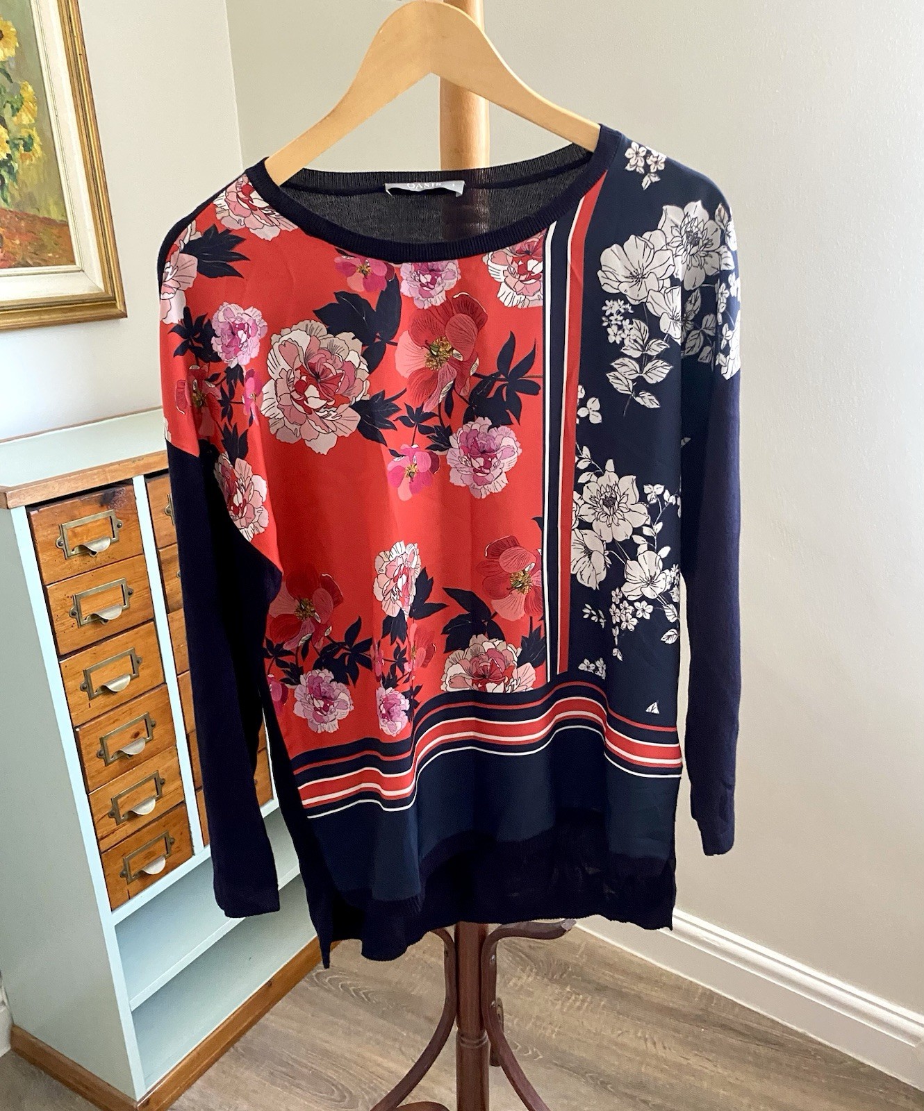 Oasis Red Floral Blouse Navy Jumper Contrast Top 100% Viscose Size Small