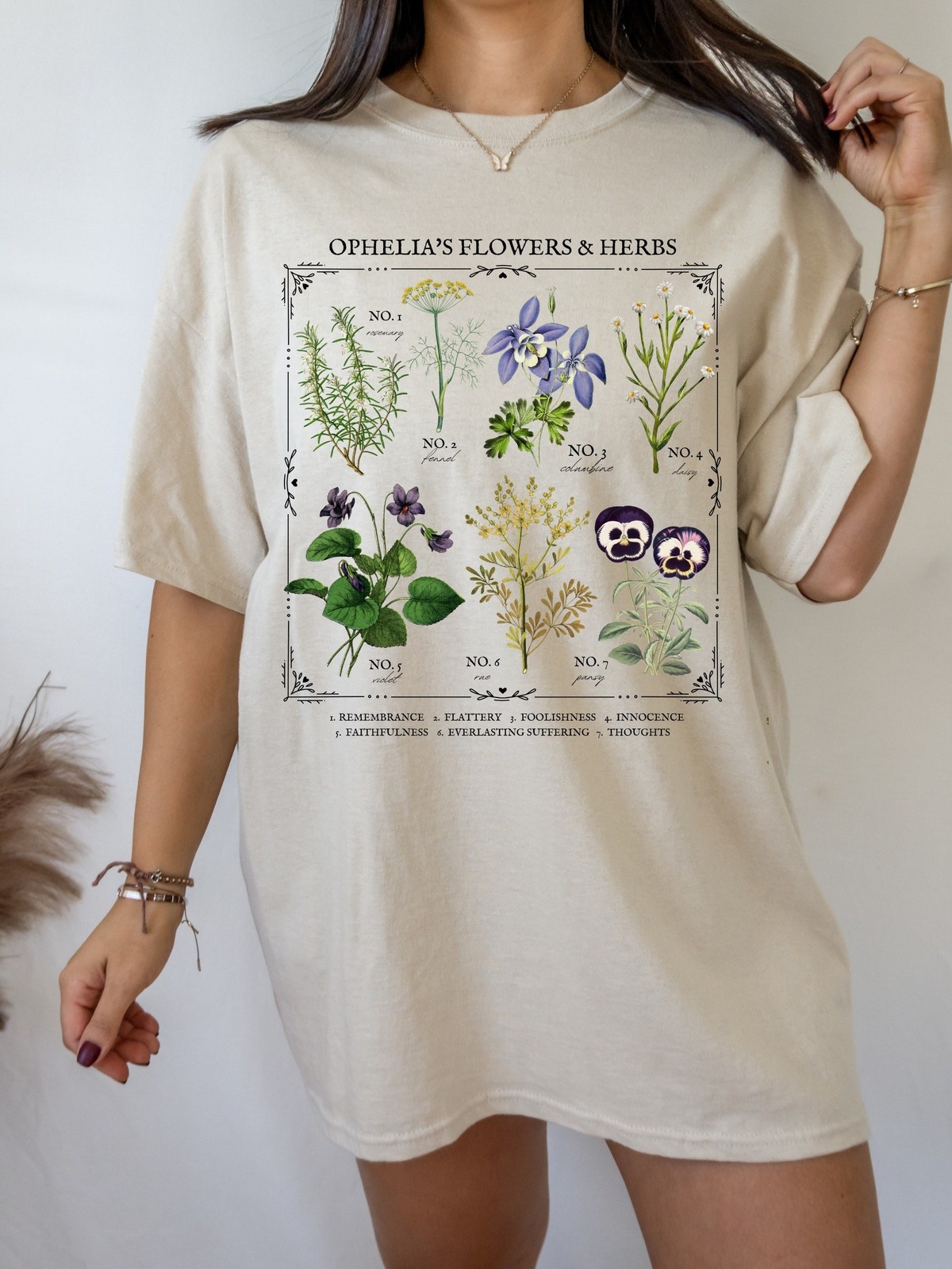 Shakespeare Hamlet Life of Ophelia Literary Flower Chart Herbology Floral Tee Bo