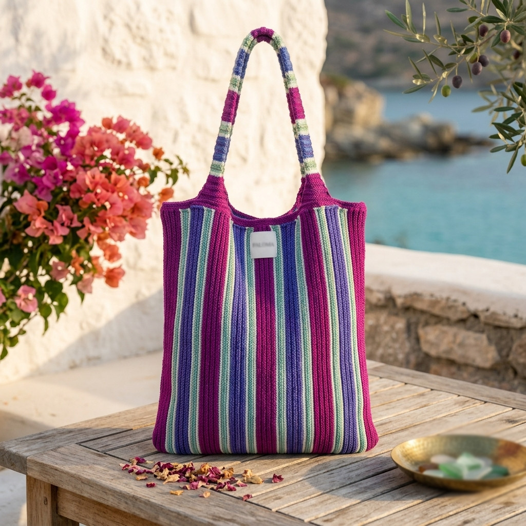 Colorful Striped Knit Tote Bag Boho Beach Shoulder Bag Large Cotton Shopper