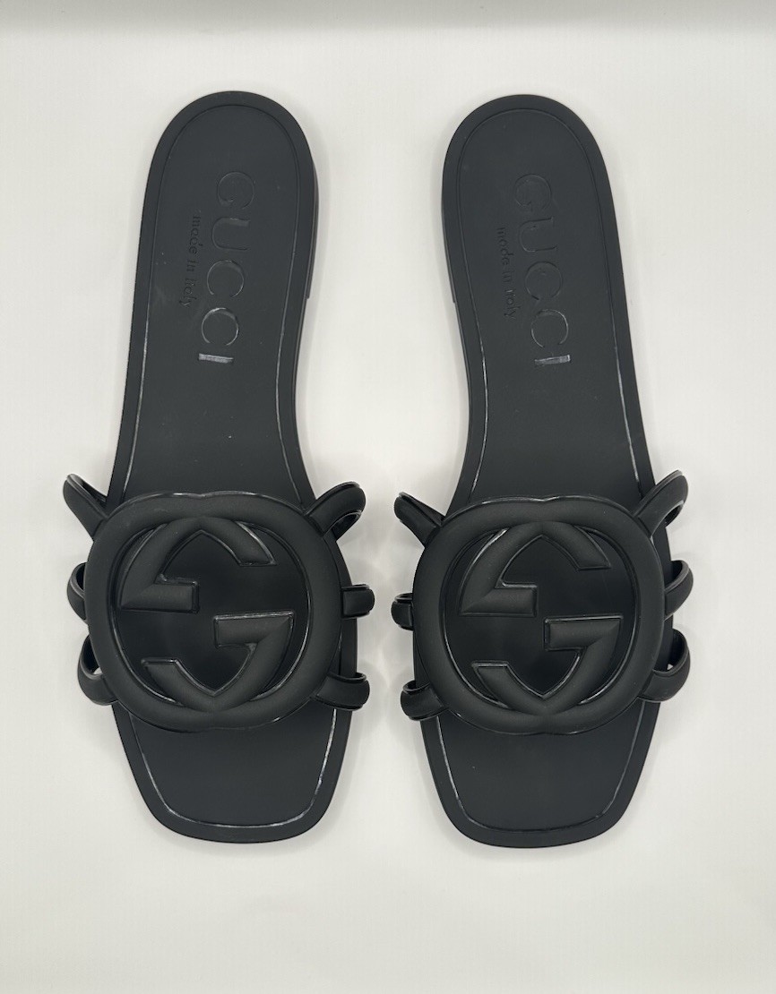 Gucci Interlocking G Jelly Rubber Slide Sandals Black Logo 40/9