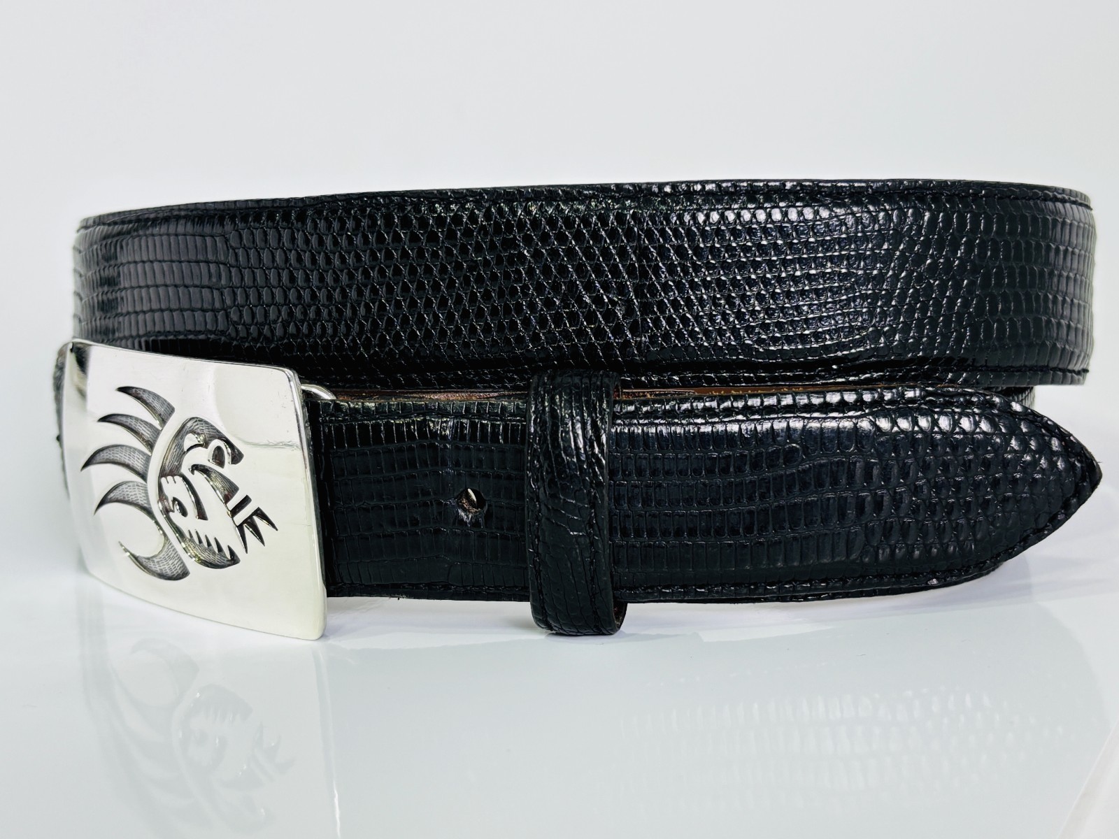 Sterling Silver .925 Bear Claw Belt Buckle Black Lizard Strap Made in USA 38