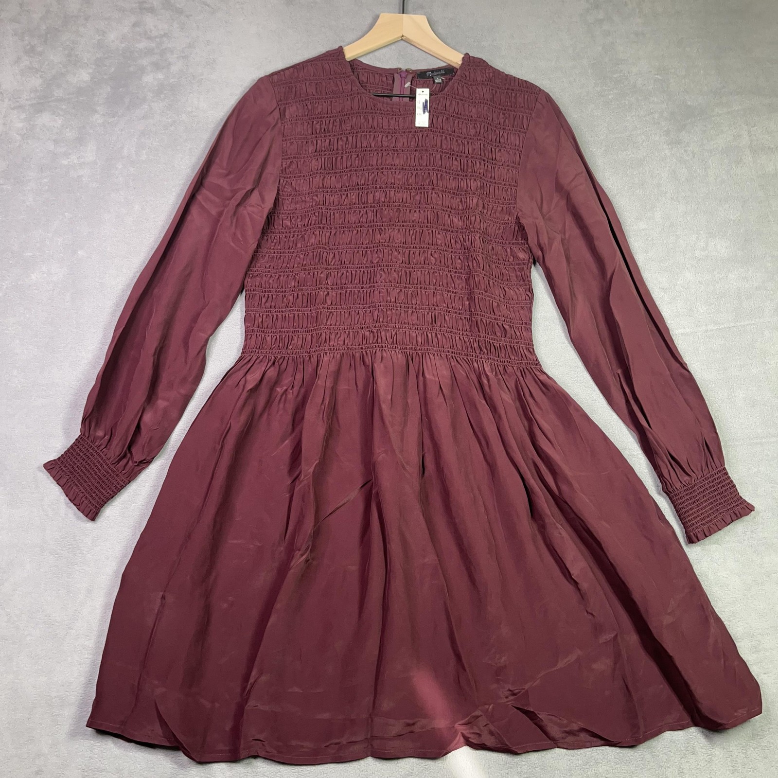 Madewell Smocked Mini Dress L Dark Pomegranate Long Puff Sleeve Fit Flare NEW